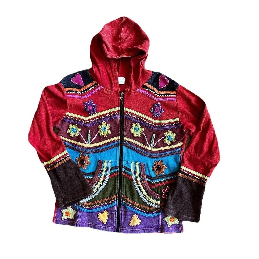 India Boutique Jacket Womens Large Multicolor Boho Hooded Zip Embroidered Floral